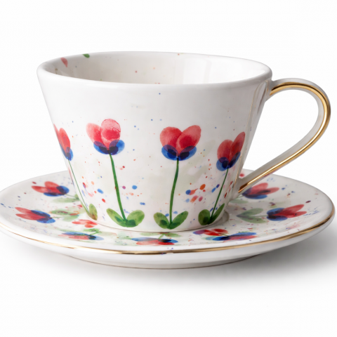 Flower šalica i tanjurić za čaj crveni cvijet